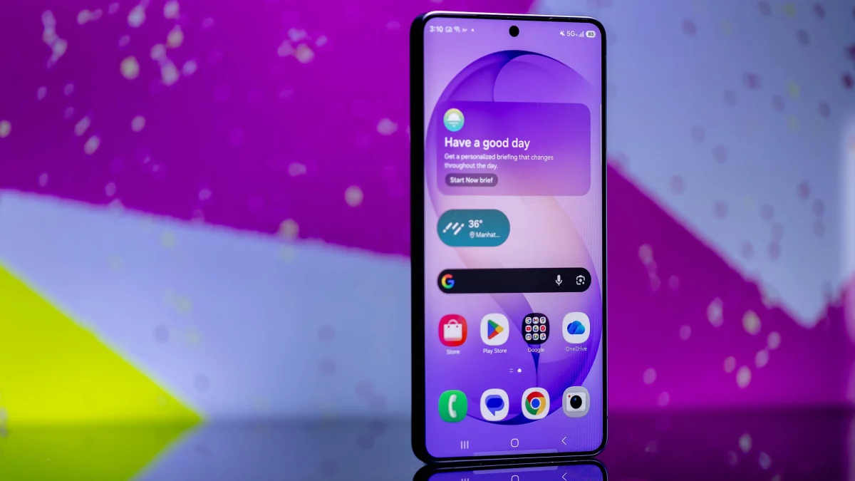 samsung galaxy s26 smartphone standing up with home screen on display