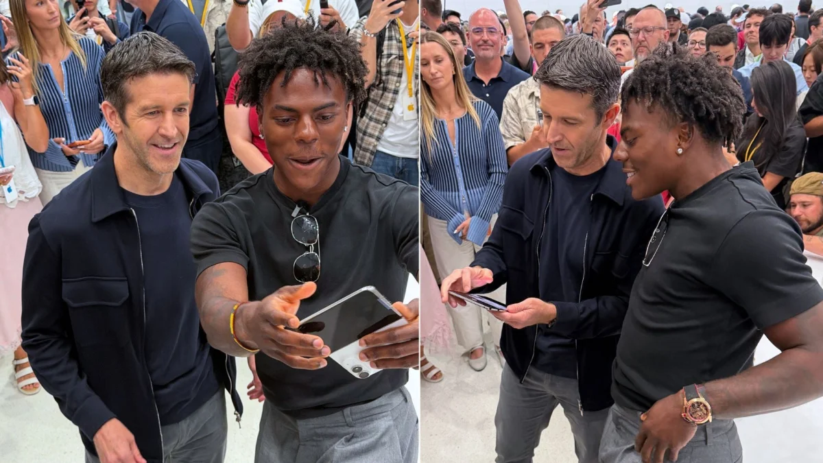 side-by-side photos of apple ceo john ternus and ishowspeed at apple park looking at iphone duo
