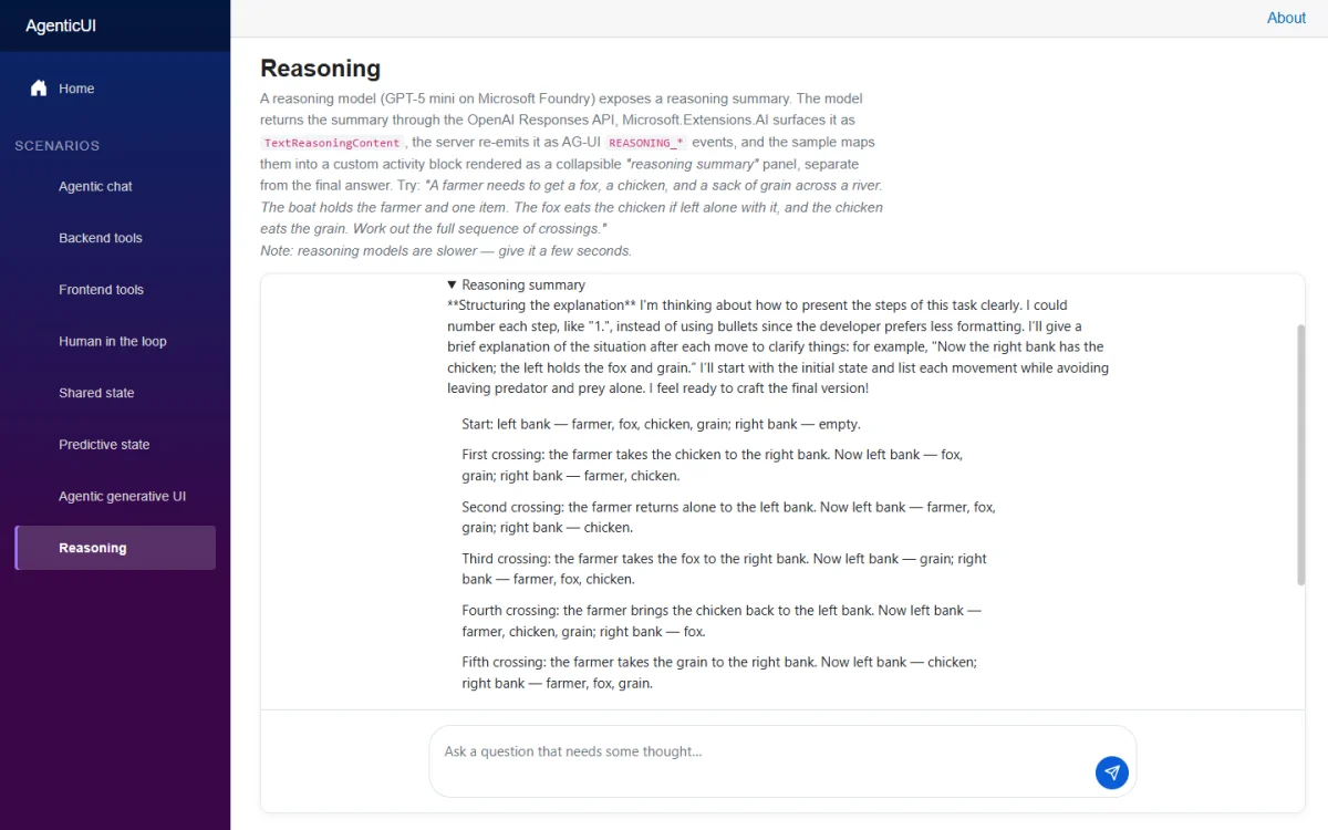 The Reasoning page showing a model-provided reasoning summary beside the final answer