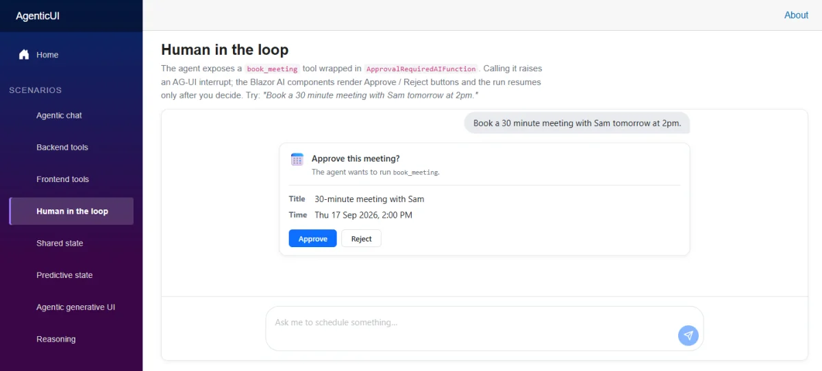 The Human in the Loop page asking the user to approve a meeting tool call