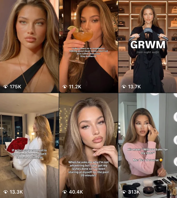 Screenshot of six Instagram video thumbnails featuring a woman posing, holding a cocktail, choosing a date-night outfit, carrying roses, and applying makeup, with view counts ranging from 11,200 to 313,000.