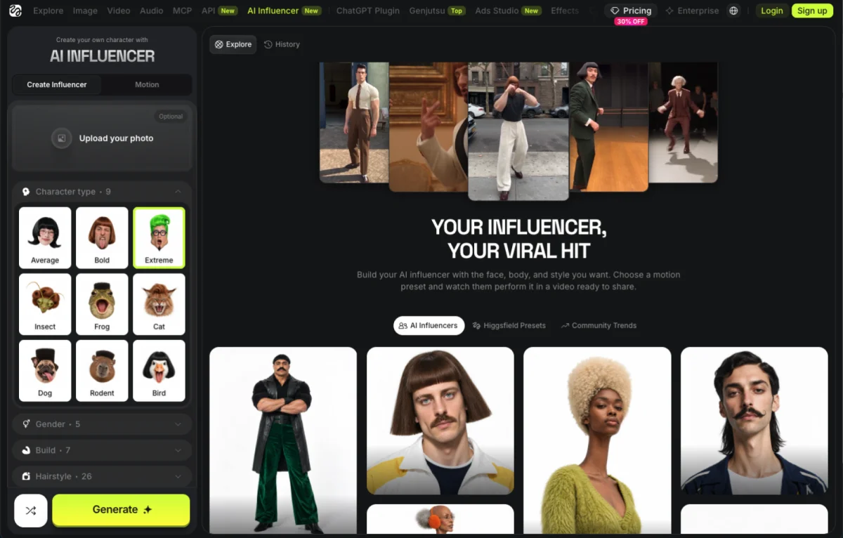 Screenshot of Higgsfield’s AI Influencer builder, showing character options, gender, build, and hairstyle menus alongside sample digital personalities and the slogan “Your influencer, your viral hit.”